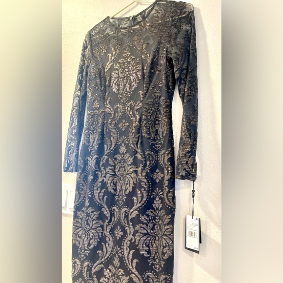 ADRIANNA PAPELL Women's Foiled Velvet Burnout Black Bronze Dress - Picture 4 of 5